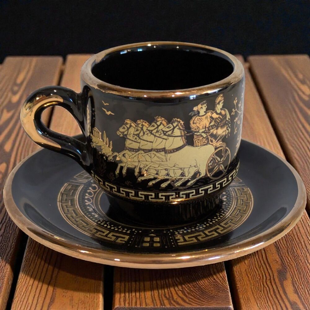 Greek Black And 24 K Gold TEA CUP & SAUCER Greek Mythology Gold Black